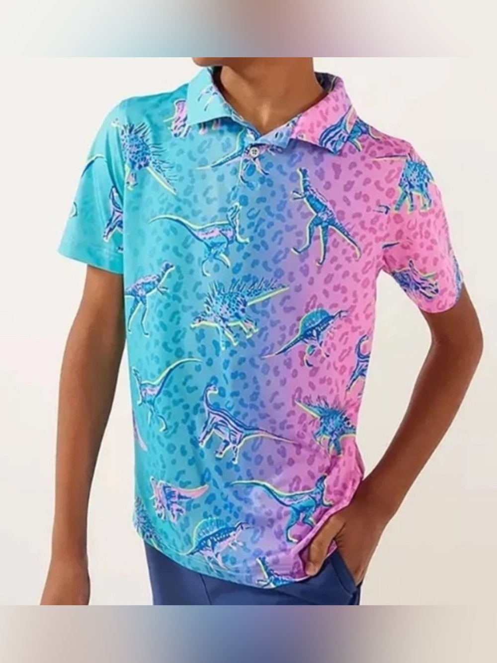 Chubbies Dino Delight Short Sleeve Performance Polo Shirt Turquoise Aqua Boys M